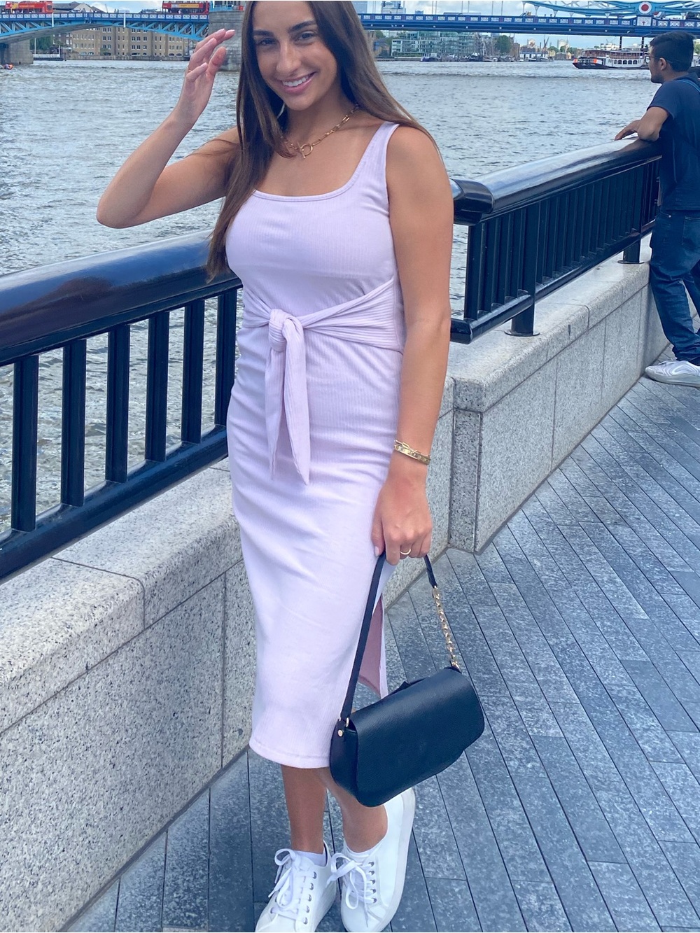 Sophie Rue Ribbed Tie-Front Midi Dress in Light Lavender